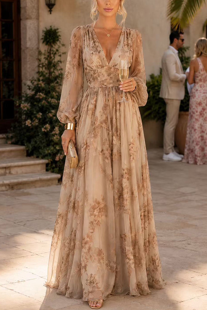 Karleedress V Neck Puff Long Sleeves Floral Print Maxi Dress