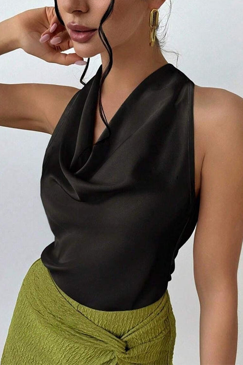 Karleedress Cowl Neck Sleeveless Bow Back Satin Top