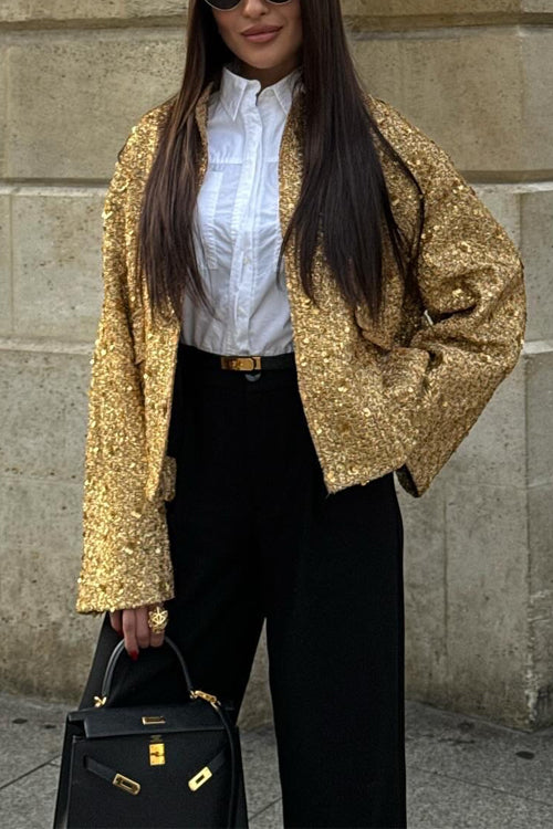 Karleedress Stand Collar Zip Up Pocketed Sequin Jacket
