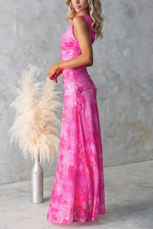 Asymmetric Shoulder Ruched Waist Floral Print Maxi Dress