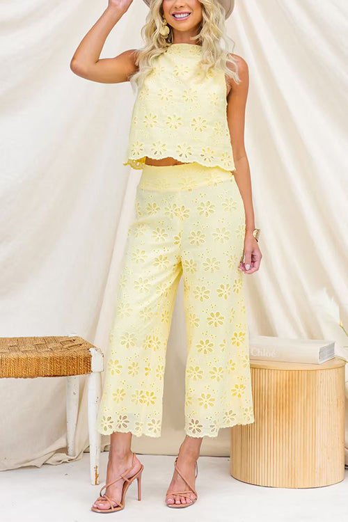 Elastic Waist Floral Lace Hollow Out Wide Leg Pants