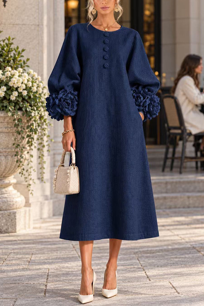 Karleedress Floral Applique Puff Sleeve A-Line Midi Dress