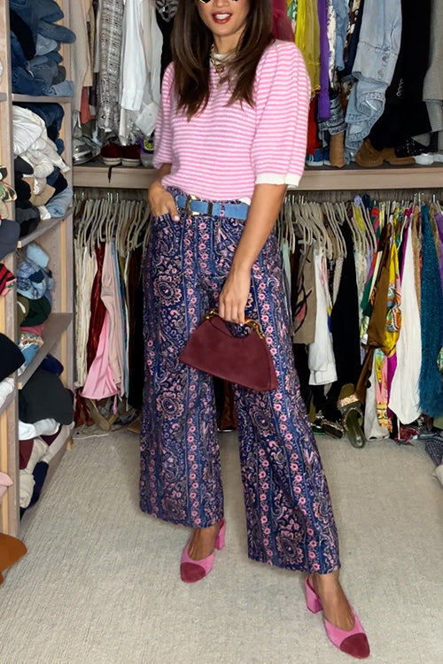 Crewneck Puff Half Sleeves Striped Pullover Sweater