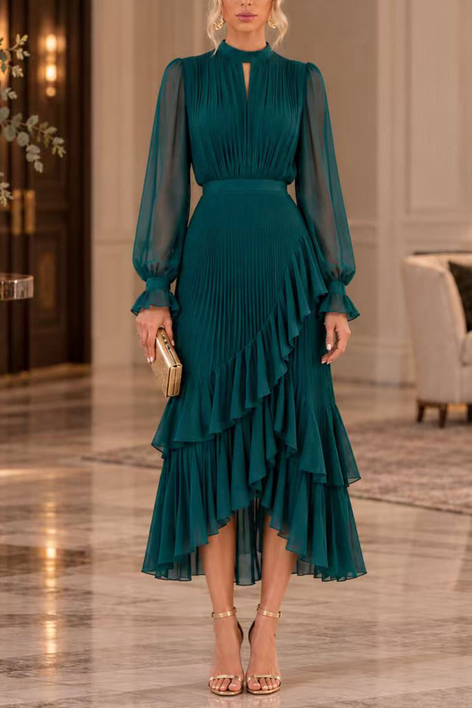 Karleedress Mock Neck Sheer Sleeve Pleated Ruffle High-Low Midi Dress (A)
