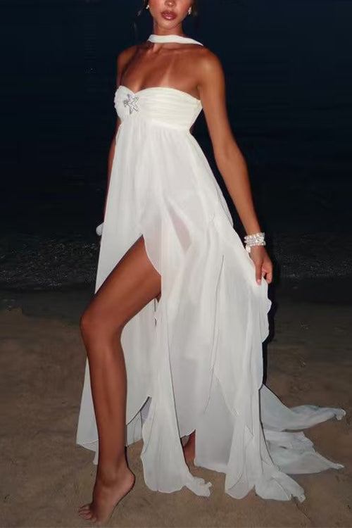 Karleedress Sleeveless Open Back Ruffle Trim Slit Maxi Dress