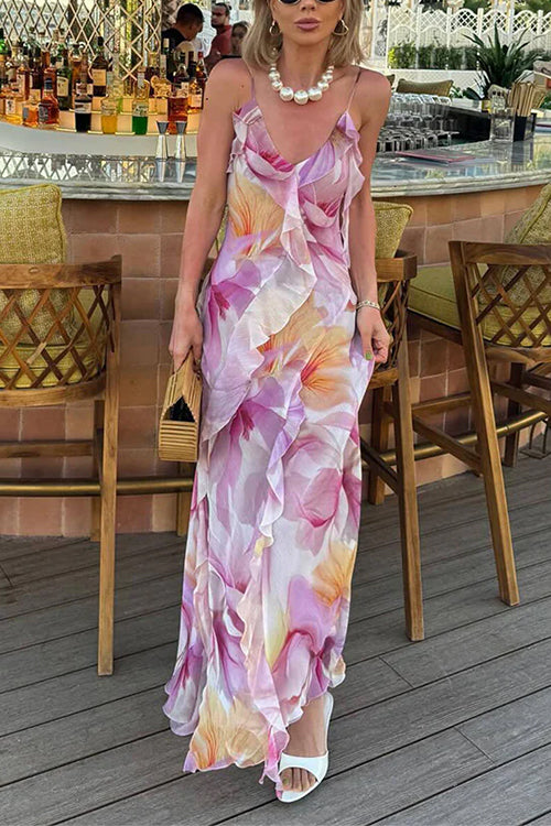 Karleedress V Neck Backless Ruffle Trim Slit Floral Print Maxi Cami Dress