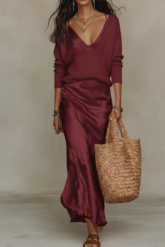 Karleedress V Neck Drop Shoulder Sweater and Satin Maxi Cami Dress Set