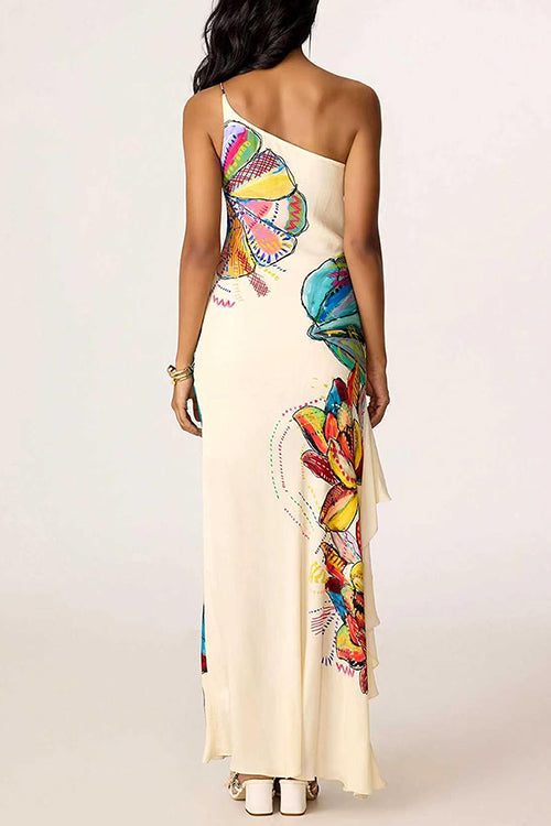 One Shoulder Floral Print Ruffle Hem Slit Maxi Dress