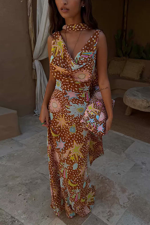 Karleedress Cowl Neck Open Back Printed Maxi Dress with Scarf