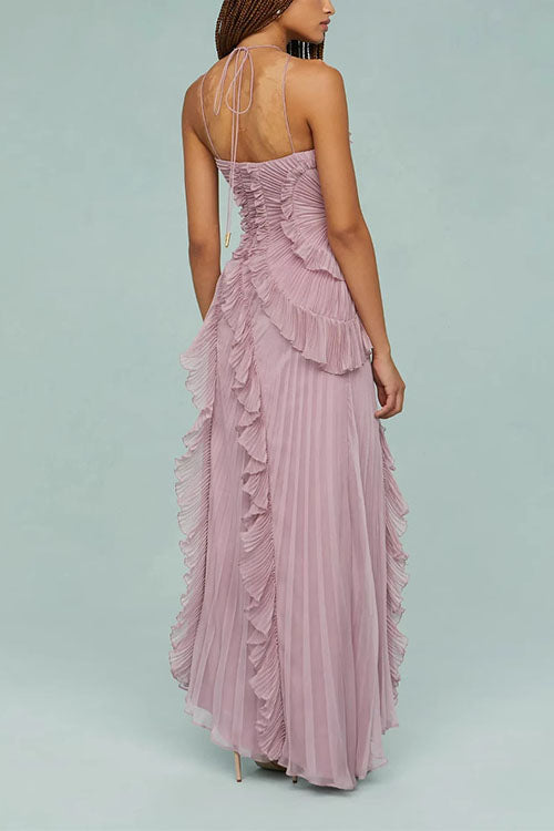 Karleedress Strappy Halter Neck Ruffle Trim Asymmetric Hem Pleated Maxi Dress