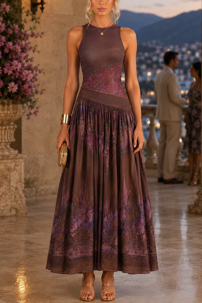 Karleedress Crewneck Sleeveless Printed Flowy Maxi Dress