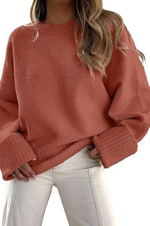 Karleedress Crewneck Drop Shoulder Solid Knitted Pullover Sweater