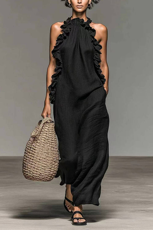 Karleedress Sleeveless Linen Blend Ruffle Pocketed Maxi Dress