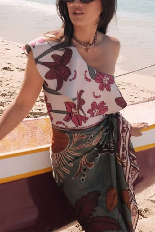 One Shoulder Sleeveless Floral Print One-piece Swimsuit