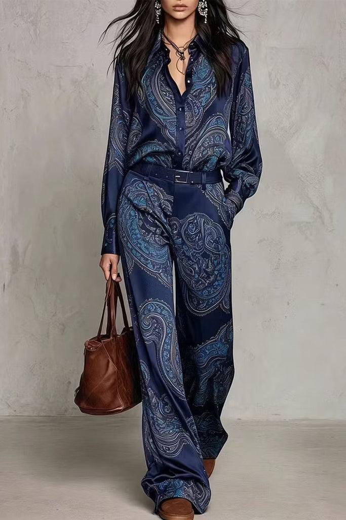 Karleedress Lapel Long Sleeves Shirt High Rise Pocketed Straight Leg Pants Paisley Print Set (C)