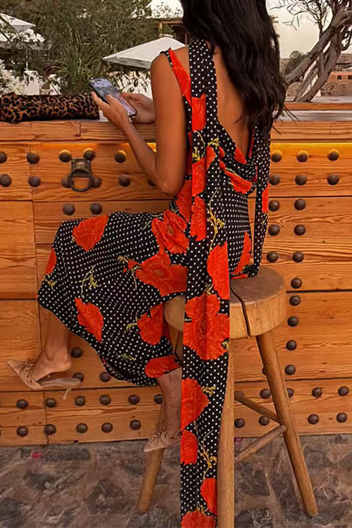 Karleedress Cowl Neck Backless Floral Print Maxi Dress with Scarf