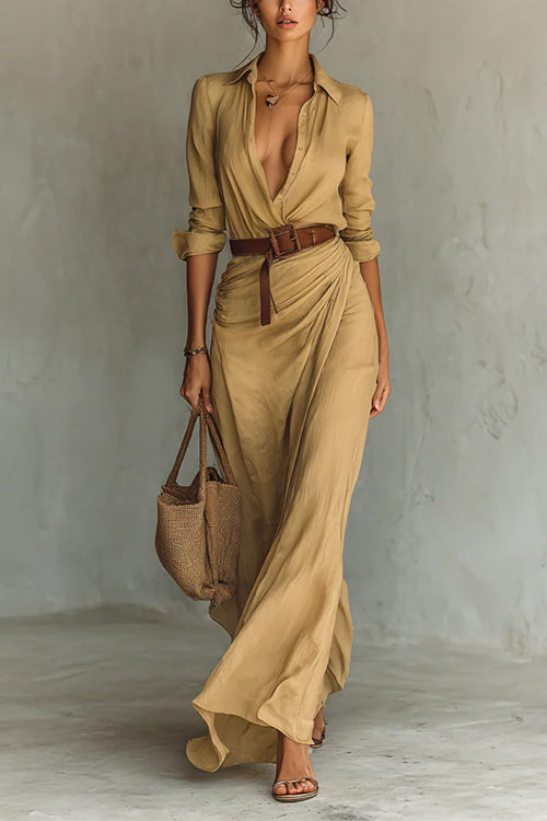 Karleedress Lapel Long Sleeves Button Up Maxi Dress With Belt