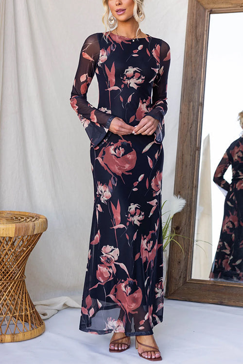 Round Neck Long Sleeves Floral Print Maxi Dress