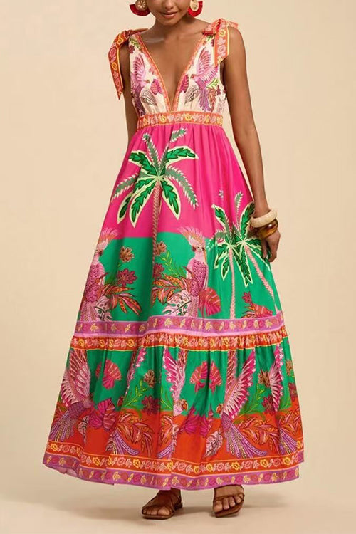 Karleedress Bow Shoulder V Neck Sleeveless Printed Maxi Vacation Dress