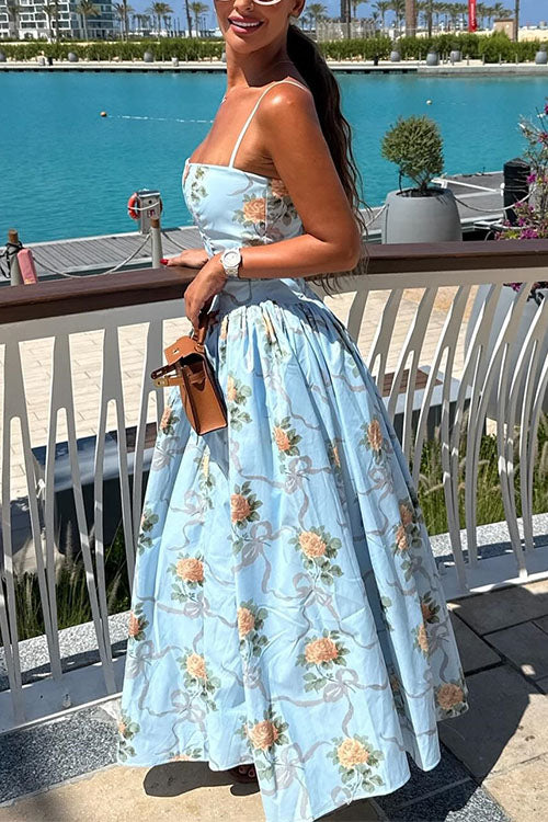 Karleedress Spaghetti Strap Waisted Floral Print A-line Maxi Dress