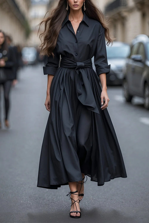 Karleedress Long Sleeves Button Up Bow Waist Maxi Dress