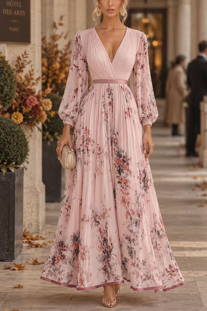 Karleedress V Neck Lantern Long Sleeves Floral Print Pleated Maxi Dress (A)