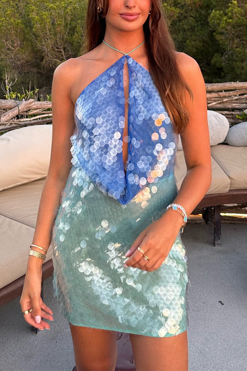 Karleedress Halter Sleeveless Cut Out Sequin Mini Party Dress