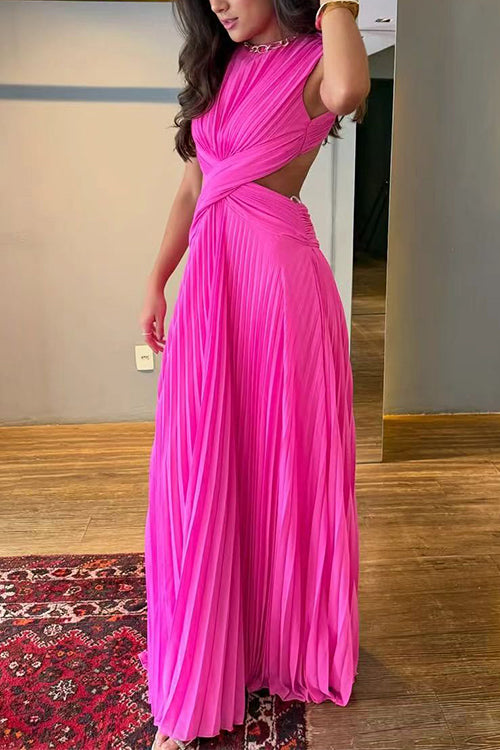 Karleedress Crewneck Sleeveless Open Back Pleated Maxi Dress