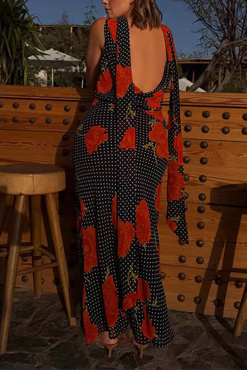 Karleedress Cowl Neck Backless Floral Print Maxi Dress with Scarf