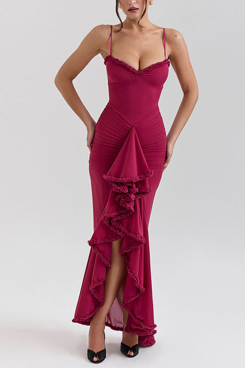 Karleedress Spaghetti Strap Frill Trim Draped Slit Maxi Dress