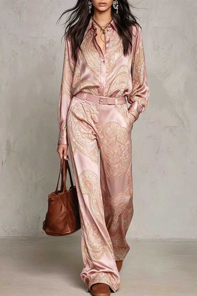 Karleedress Lapel Long Sleeves Shirt High Rise Pocketed Straight Leg Pants Paisley Print Set (B)