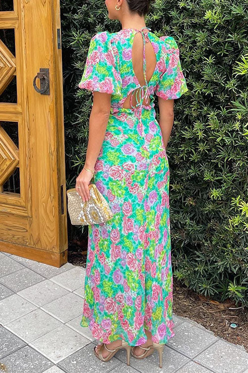 V Neck Puff Sleeves Tie Back Floral Print Maxi Dress
