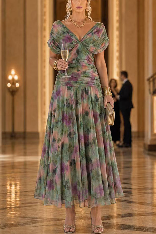 Karleedress V Neck Short Sleeves Floral Print Maxi Dress