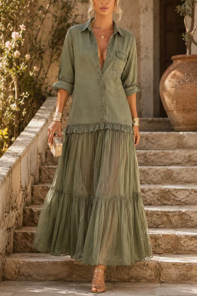Karleedress Lapel Long Sleeves Organza Splice Ruffle Denim Maxi Dress