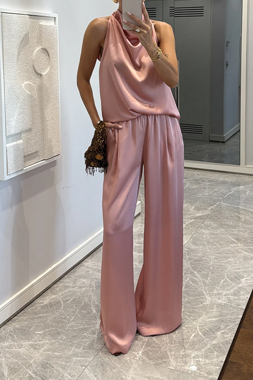 Cowl Neck Sleeveless Top and Wide Leg Pocketed Pants Satin Set