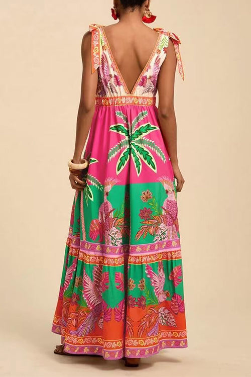 Karleedress Bow Shoulder V Neck Sleeveless Printed Maxi Vacation Dress