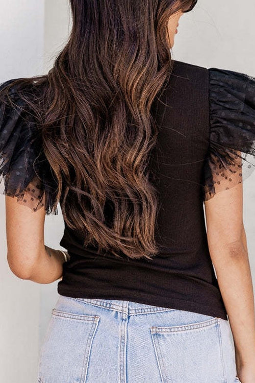 Karleedress Round Neck Polka Dot Ruffle Short Sleeves Top