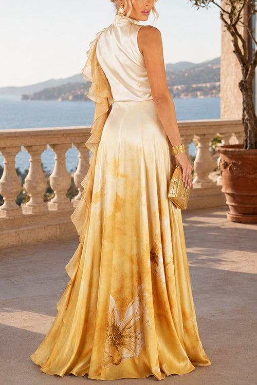 Mockneck Sleeveless Floral Print Ruffle Slit Maxi Dress