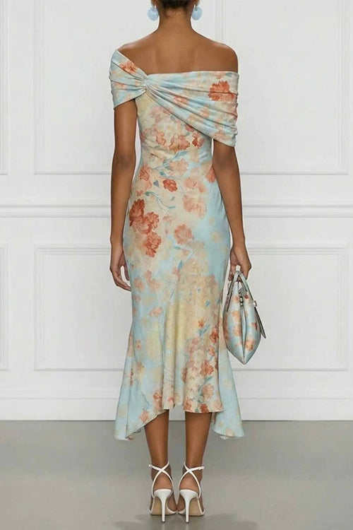 Karleedress Off Shoulder Floral Print Irregular Hem Midi Dress
