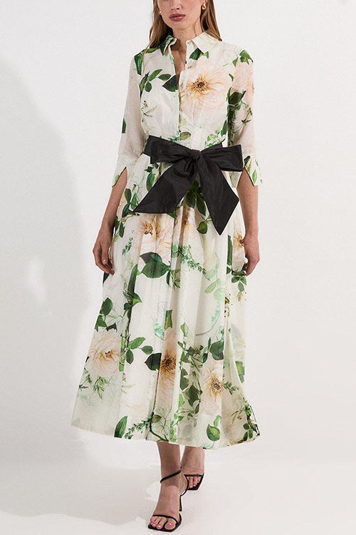 3/4 Sleeves Button Up Wild Rose Print Shirt Maxi Dress