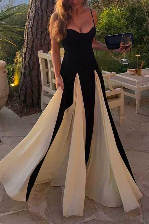 Karleedress Spaghetti Strap Low Cut Color Block Swing Maxi Dress