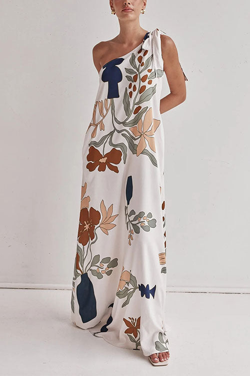 Karleedress Tie Knot One Shoulder Floral Print Maxi Dress