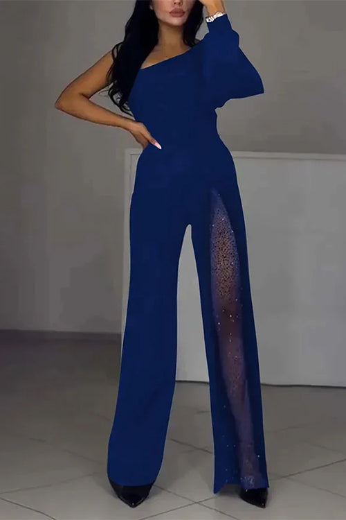 Karleedress One Shoulder Long Sleeve Patchwork Wide Leg Jumpsuit