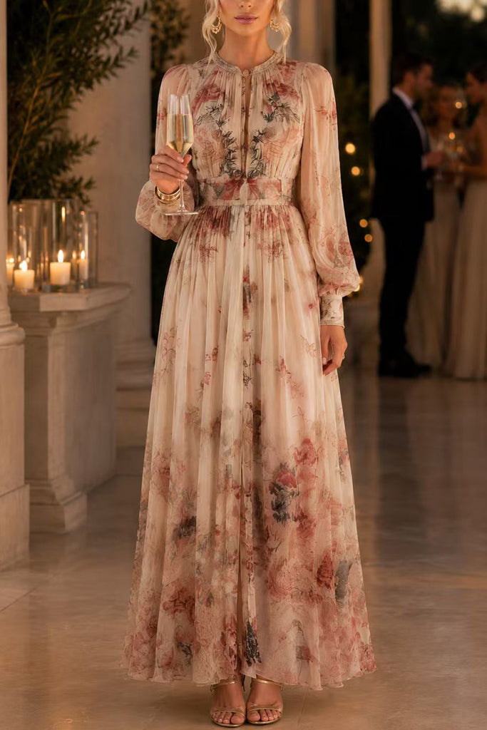 Karleedress Puff Long Sleeves High Waist Floral Print Maxi Dress