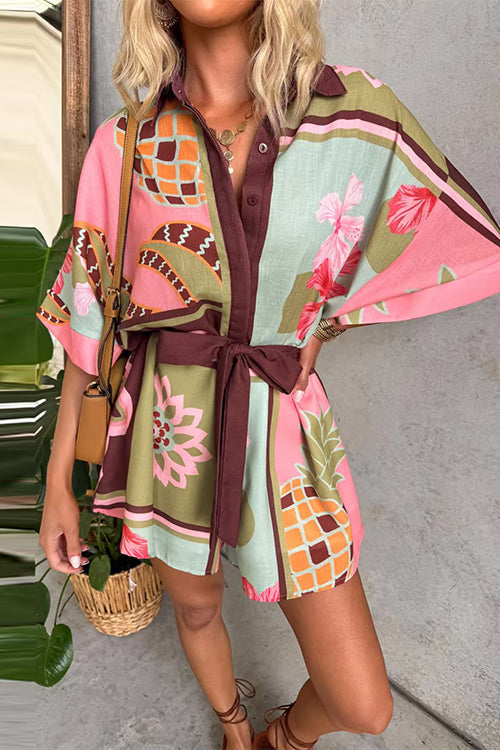 Lapel Button Up Tie Waist Floral Print Romper