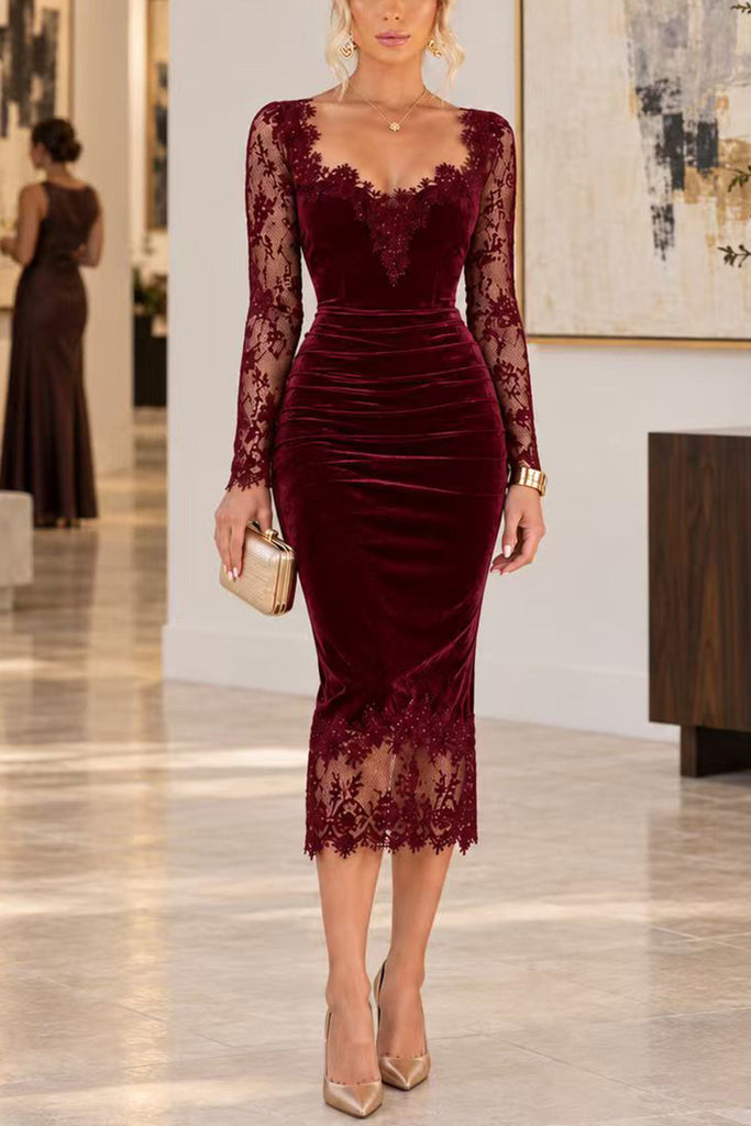 Karleedress V Neck Long Sleeves Lace Splice Velvet Bodycon Midi Dress