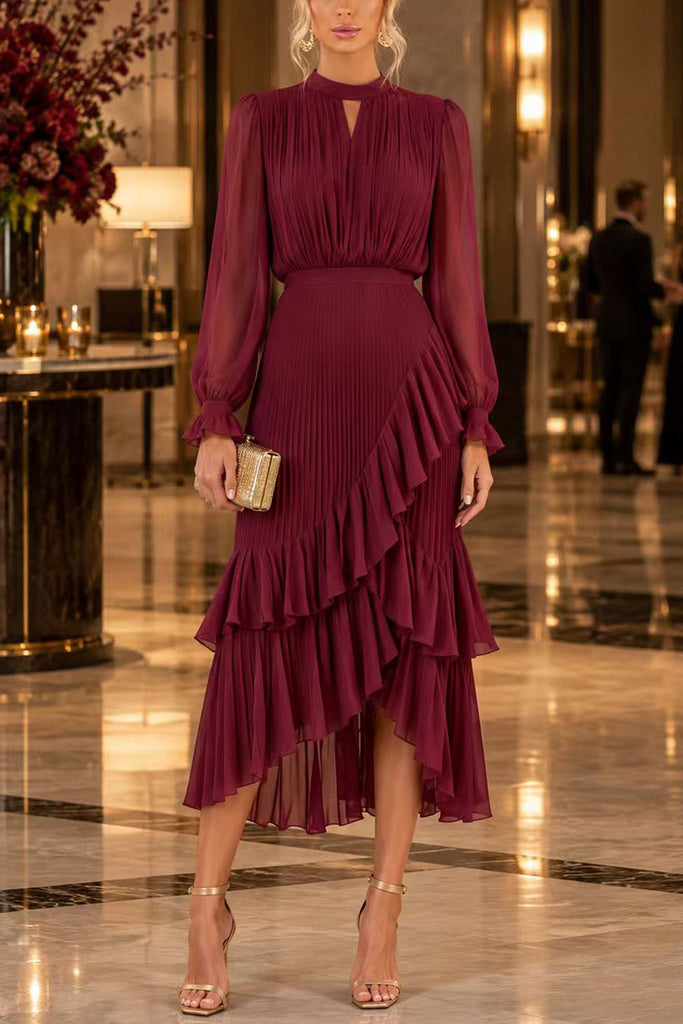 Karleedress Mock Neck Sheer Sleeve Pleated Ruffle High-Low Midi Dress (B)