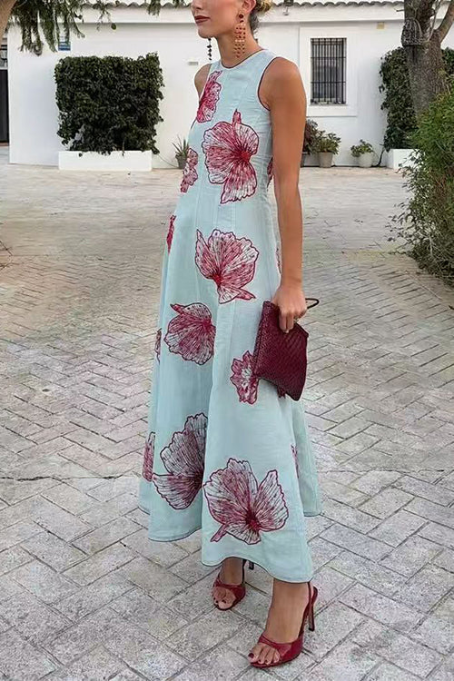 Crewneck Sleeveless Floral Print Maxi Dress