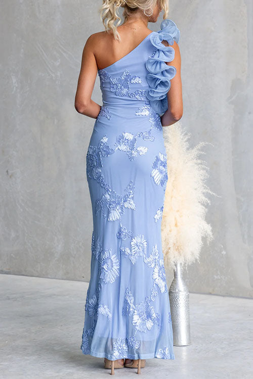 Ruffle One Shoulder Floral Bodycon Maxi Dress