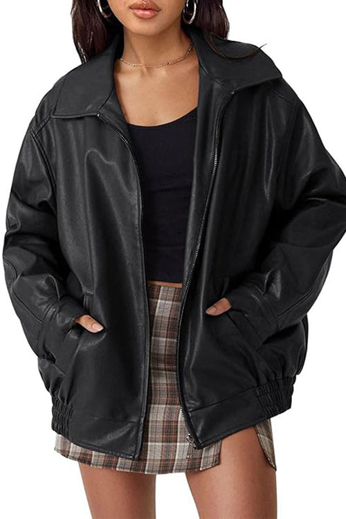 Karleedress Lapel Zip Up Faux Leather Pocketed Jacket